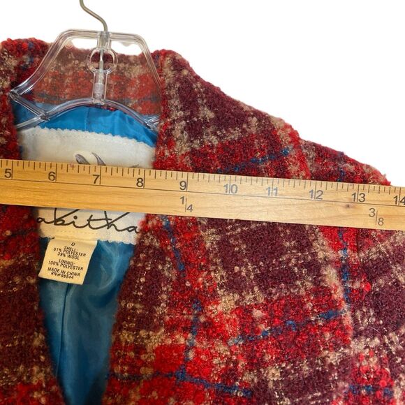 Boucle Jacket XS Tartan Red Belted Ruffled Academia Retro Feminine Anthropologie - Picture 5 of 8